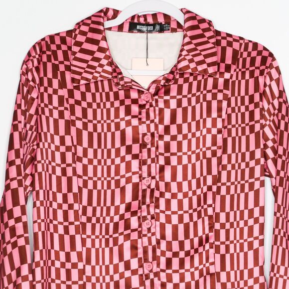 Missguided‎ Womens Button Up Size 6 Abstract Slim Satin Shirt 70's Disco - Picture 8 of 8